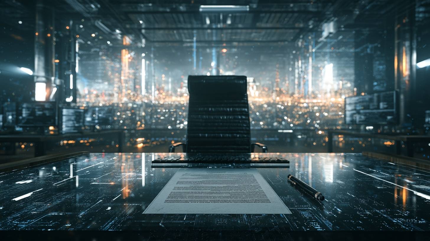 An empty chair at a desk with an unsigned document and a pen