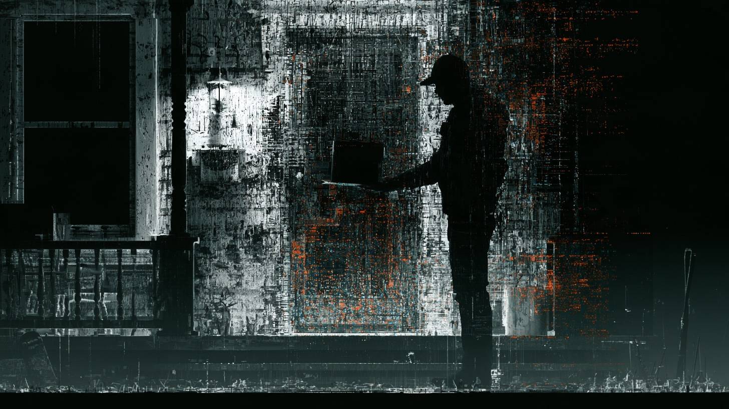 A delivery driver in silhouette holding out a package at a lit doorway at night