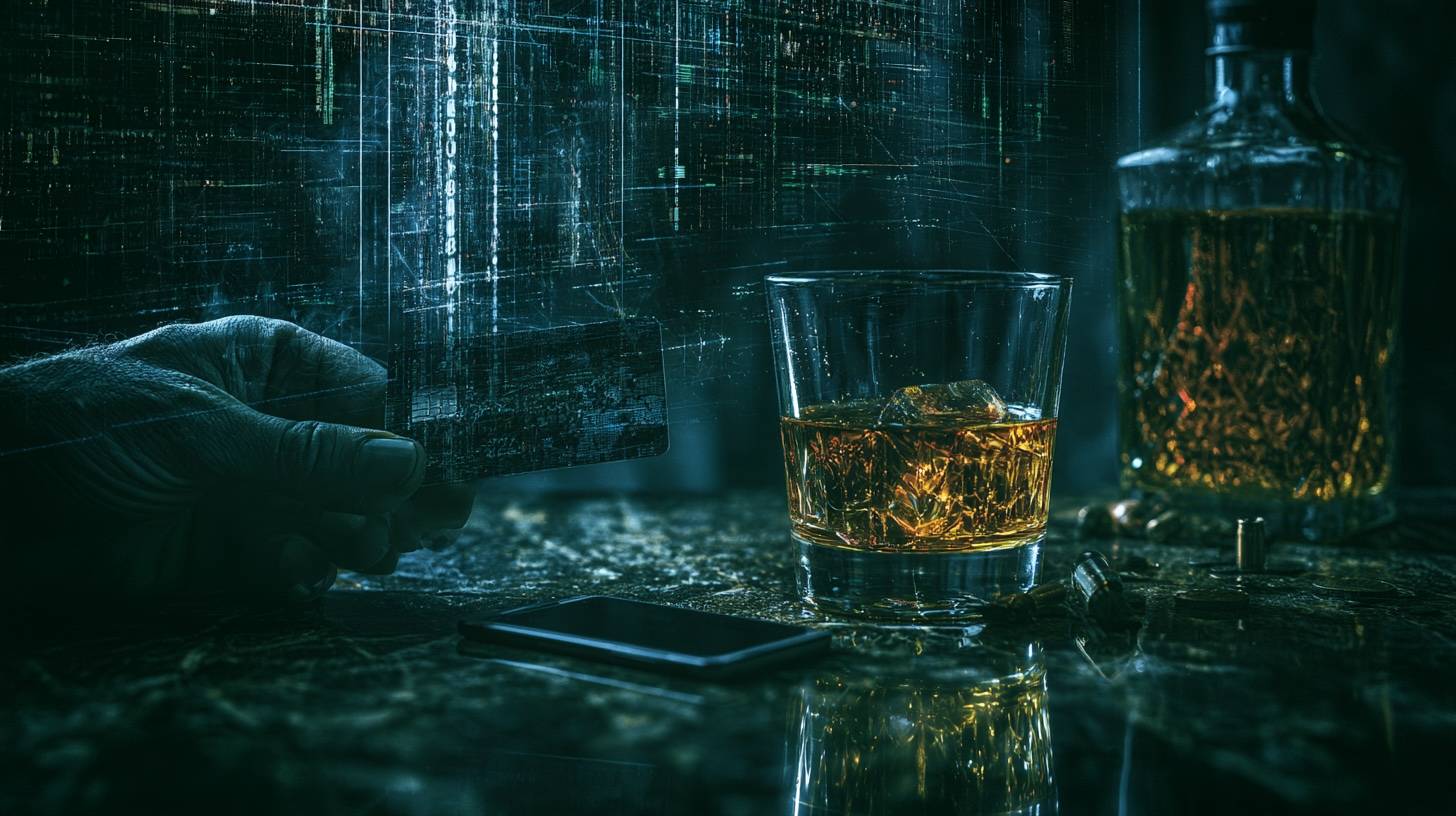A hand holding a payment card beside a glass of whiskey and a bottle on a dark counter