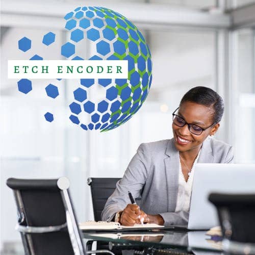 Professional setting with a smiling person in a gray suit seated at a desk, writing notes. A laptop is open in front of them. The left side features a logo with a globe made of blue and green hexagons and text that reads "ETCH ENCODER."