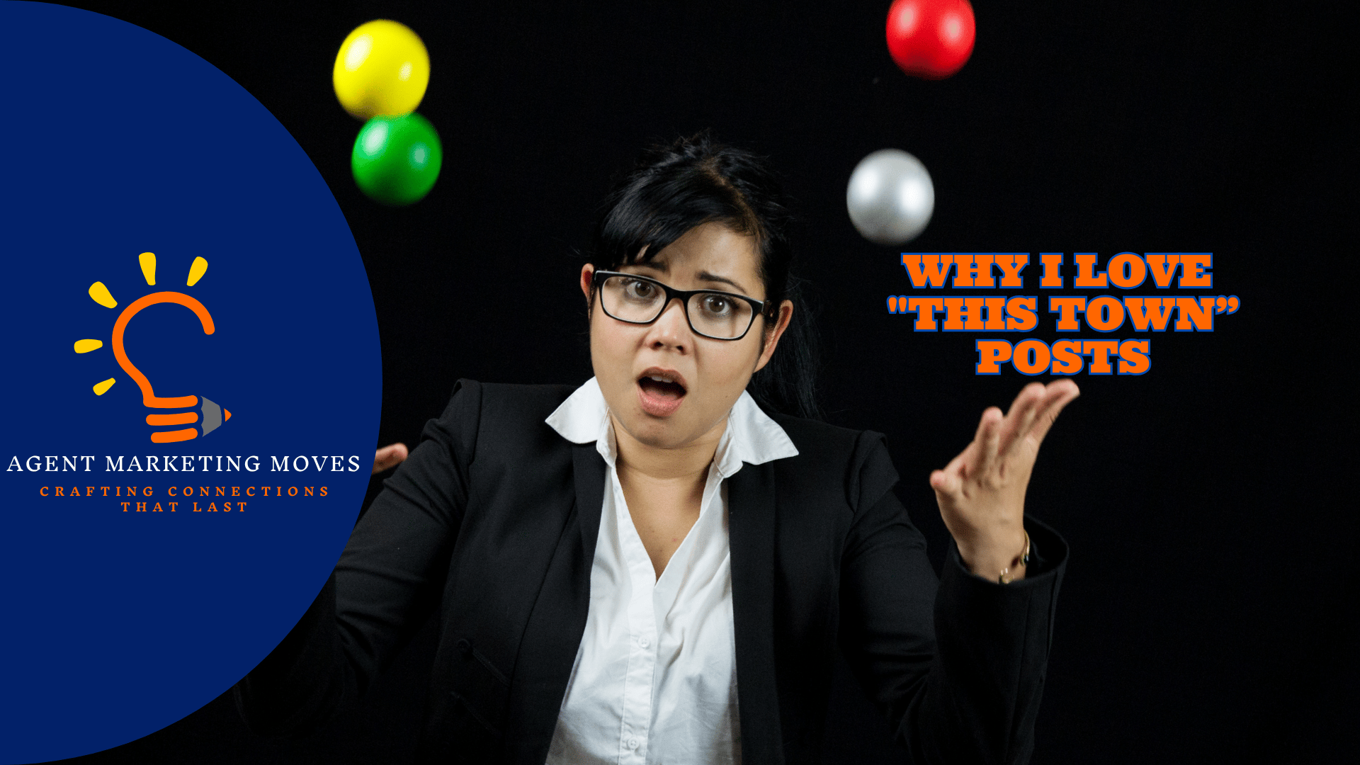 Dressed sharply in a sleek black suit and sporting stylish glasses ?, a proficient female real estate agent adeptly manages a vibrant array of tasks, effortlessly juggling ???? colorful balls ? that symbolize her daily responsibilities.