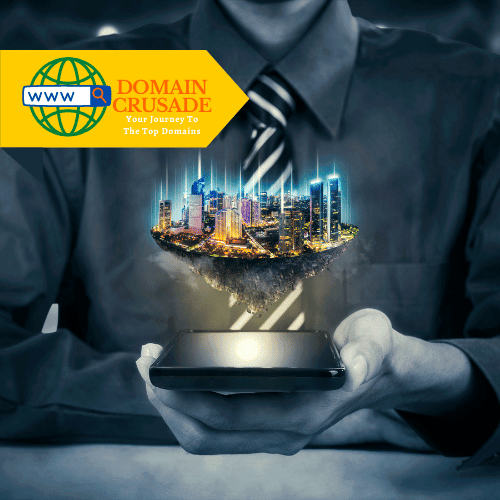 A digital advertisement for Domain Crusade featuring a person in a suit holding a smartphone. Above the phone, a digital hologram of a cityscape with illuminated skyscrapers is displayed. The Domain Crusade logo, with a globe and magnifying glass, is in the top left corner, accompanied by the text "Your Journey To The Top Domains."