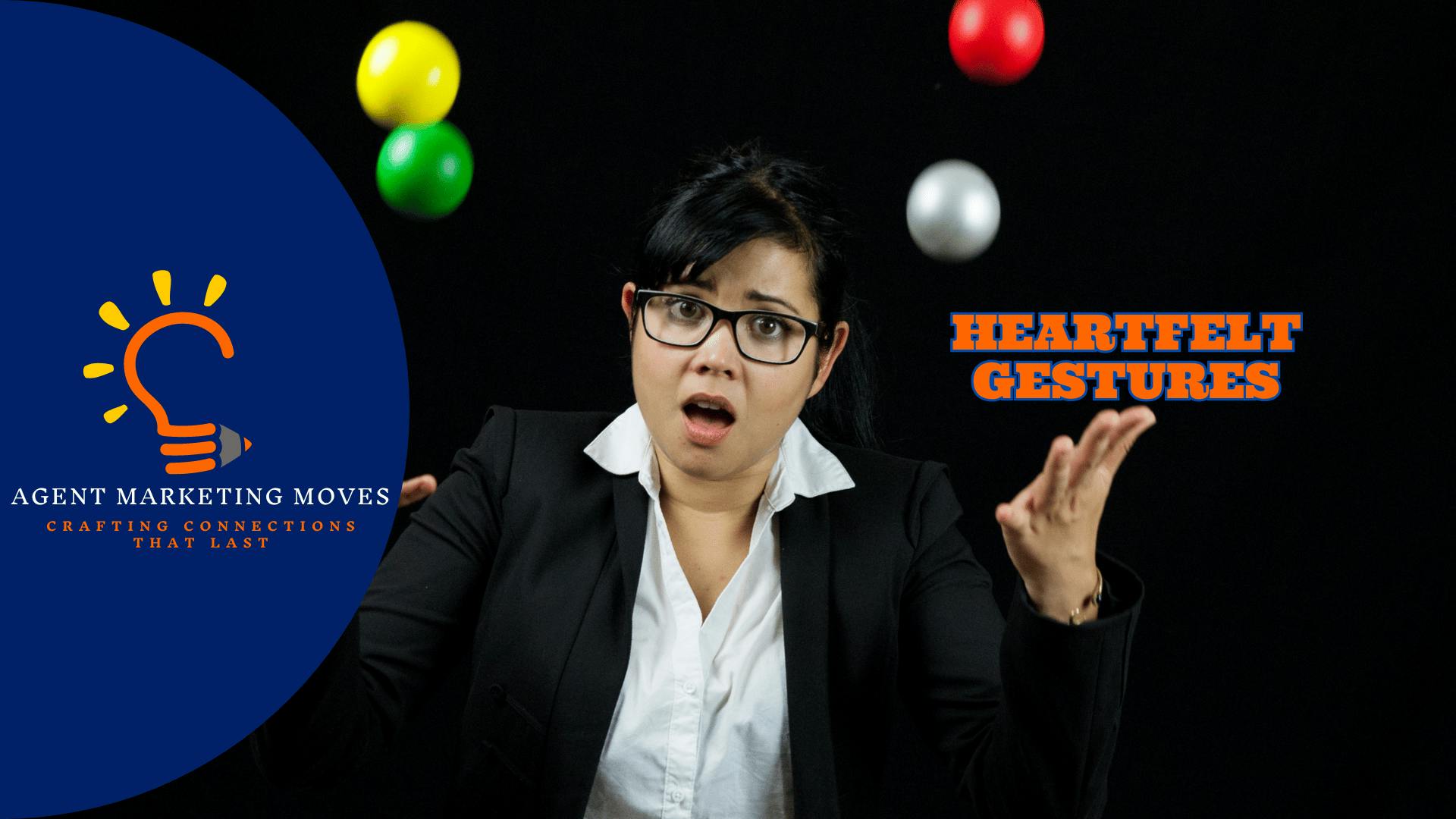 Dressed sharply in a sleek black suit and sporting stylish glasses ?, a proficient female real estate agent adeptly manages a vibrant array of tasks, effortlessly juggling ???? colorful balls ? that symbolize her daily responsibilities.