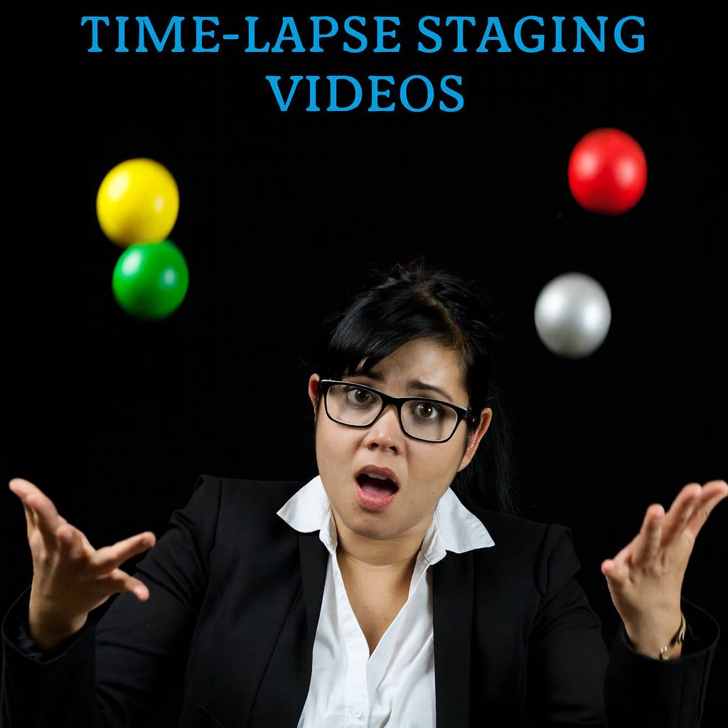 A woman in a suit with a surprised expression juggles colorful balls against a black background. Text above reads: "TIME-LAPSE STAGING VIDEOS."