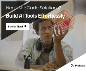 A young person is sitting at a desk, examining a geometric structure with a thoughtful expression. They are wearing headphones around their neck. The text on the image reads: "Need No-Code Solutions? Build AI Tools Effortlessly. Build AI Now!" There's a "Build AI Now!" button with a play icon, and the logo "Pickaxe" is displayed at the bottom right.