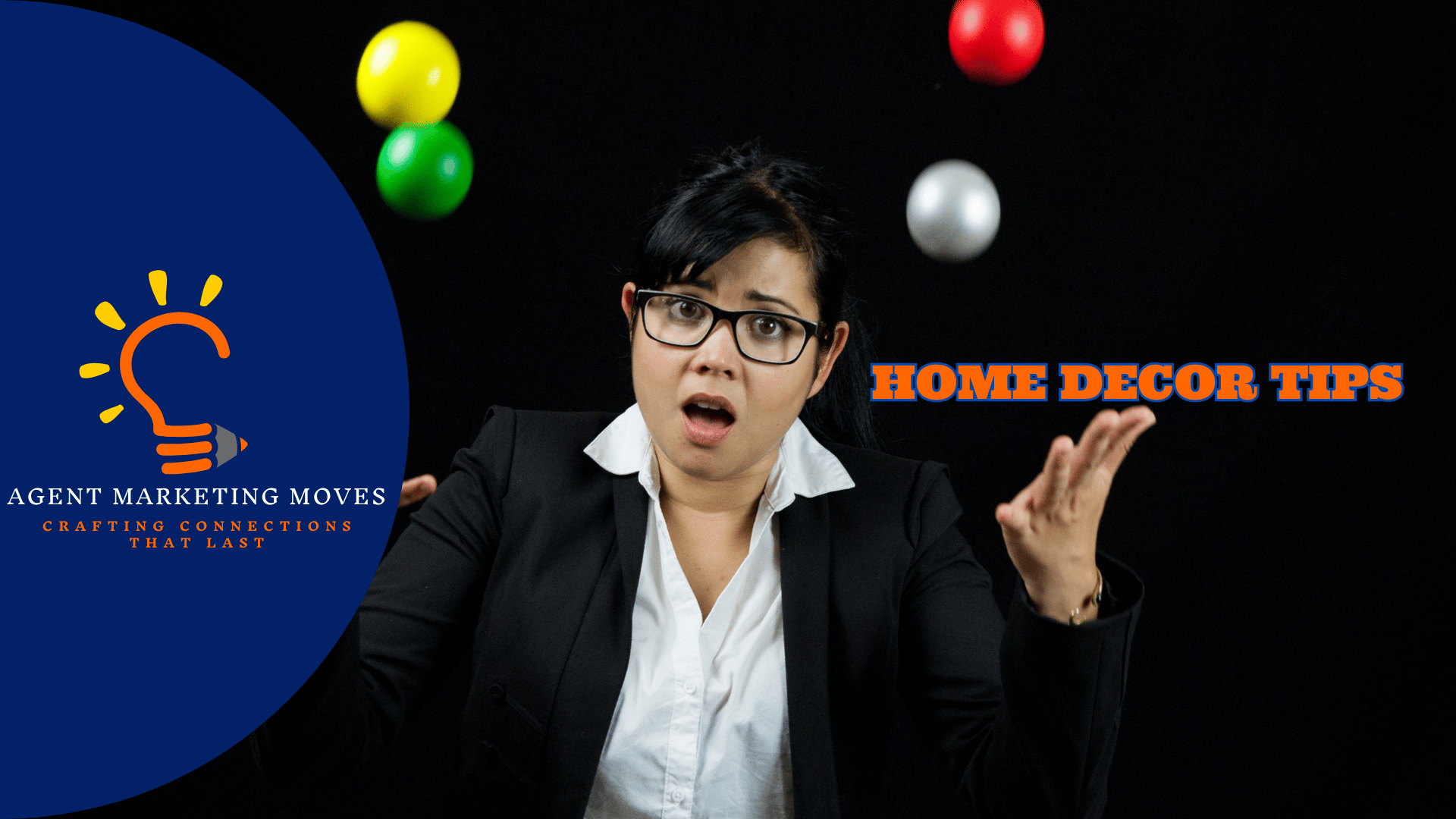 Dressed sharply in a sleek black suit and sporting stylish glasses ?, a proficient female real estate agent adeptly manages a vibrant array of tasks, effortlessly juggling ???? colorful balls ? that symbolize her daily responsibilities.
