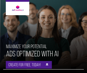 A group of smiling people stands confidently, with a focus on a woman at the front. The text on the image reads, "Maximize Your Potential: Ads Optimized with AI. Create for Free, Today!" The AdCreative.ai logo is displayed at the top left.