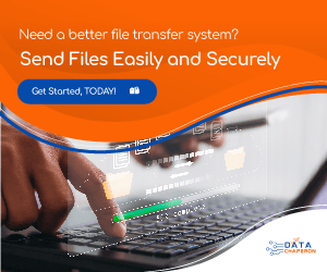 A digital advertisement for Data Chaperon promoting a file transfer system. The ad features a person using a laptop, with graphics overlaying the keyboard illustrating file transfer. The text reads, "Need a better file transfer system? Send Files Easily and Securely. Get Started, TODAY!" The Data Chapeon logo is visible at the bottom right corner.