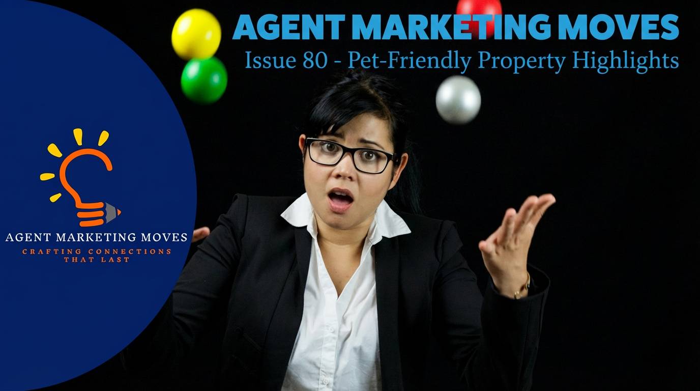 A woman in a business suit looks surprised while juggling colorful balls against a black background. On the left, a blue circle contains the logo and text "AGENT MARKETING MOVES" with a lightbulb and pencil design. The headline reads "Issue 80 - Pet-Frien