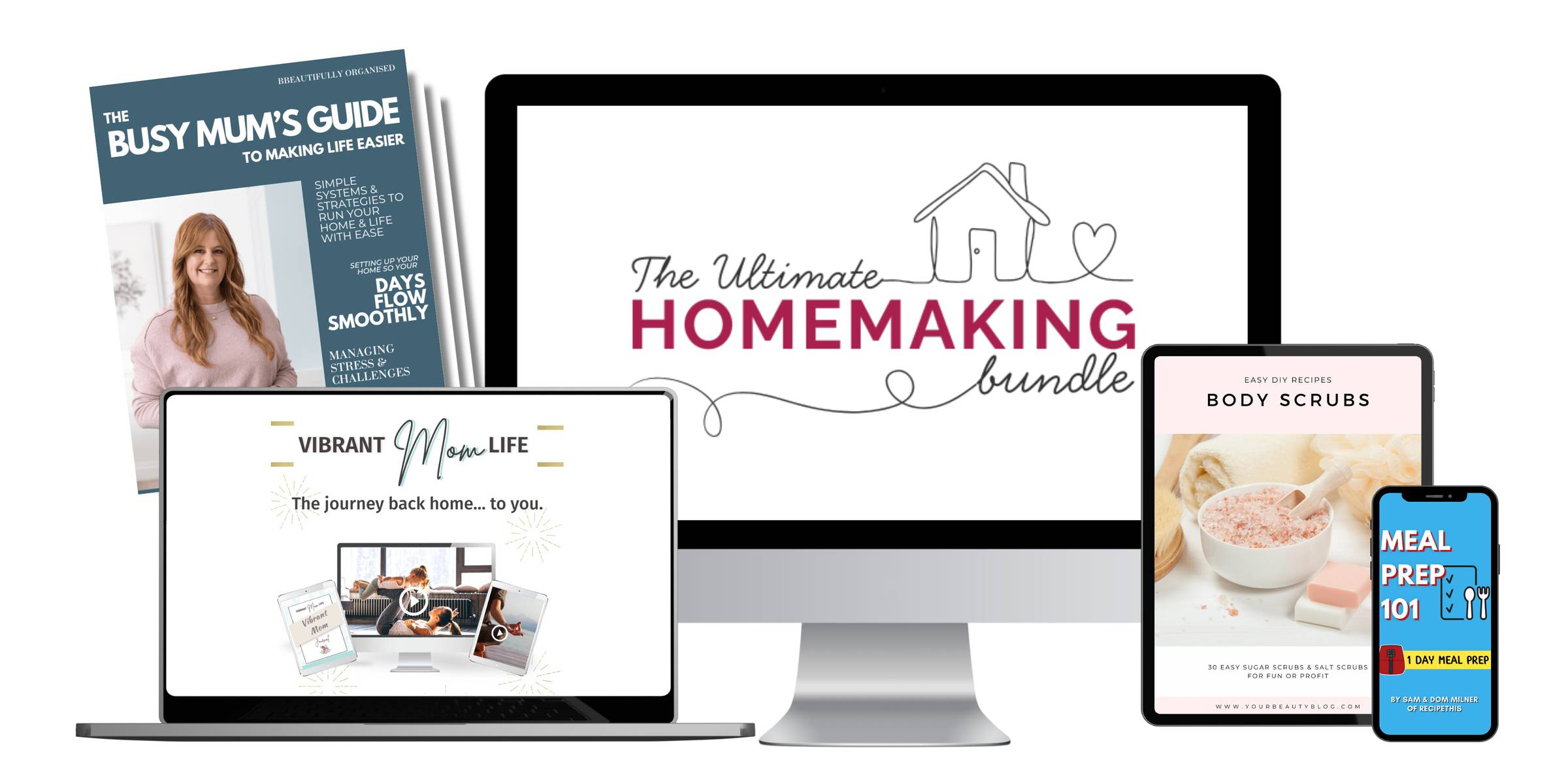 samples of the homemaking bundle including busy mum's guide, meal prep 101, and body scrubs shown on various screens