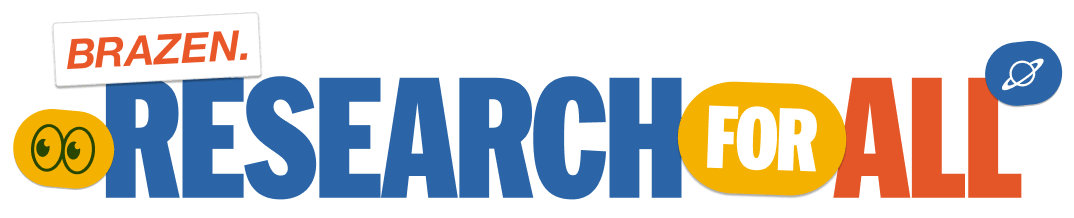 Research For All logo. Dark blue, yellow, and orange lettering on a white background, with some fun "stickers" overlayed.