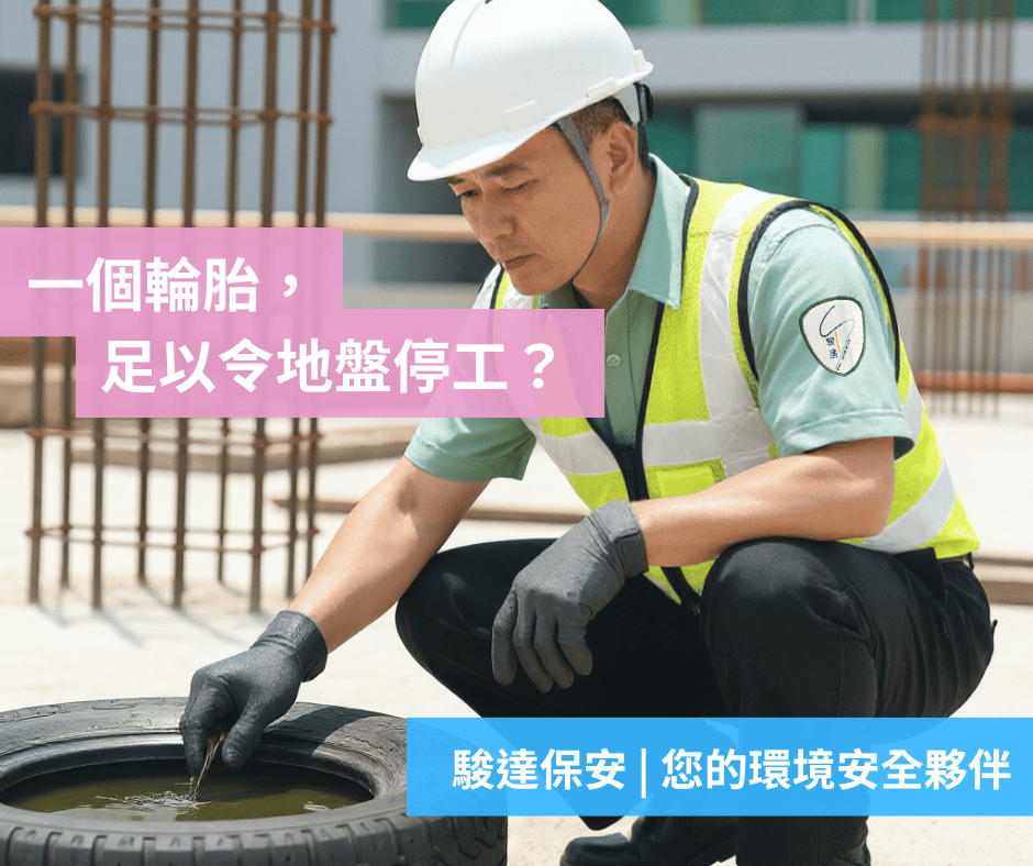 駿達保安的環境安全團隊在地盤仔細檢查輪胎積水，從源頭清除蚊患滋生點，主動預防因衛生問題引致的停工風險。