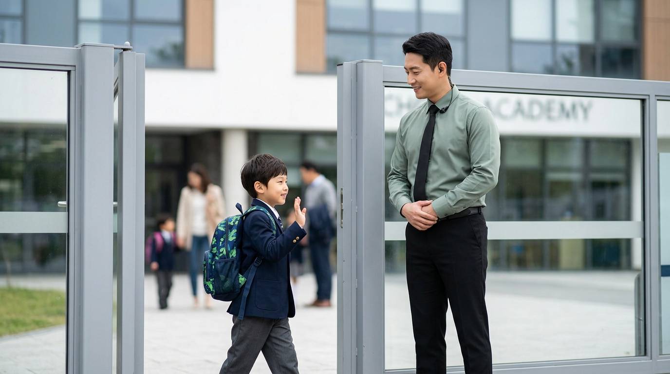 駿達保安員身穿鼠尾草綠長袖制服，在校園門口與上學小學生保持禮貌距離微笑打招呼的情境示意圖，展現校園安全與守護兒童第一道預警角色。
