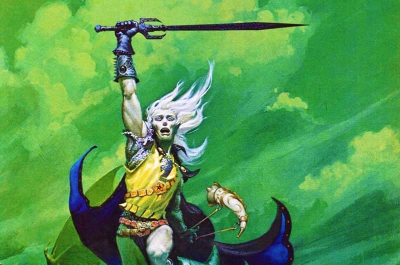 Elric flourishing Stormbringer.