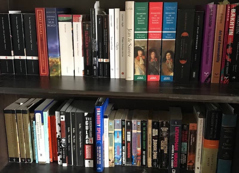 A shelf of books, mostly unread