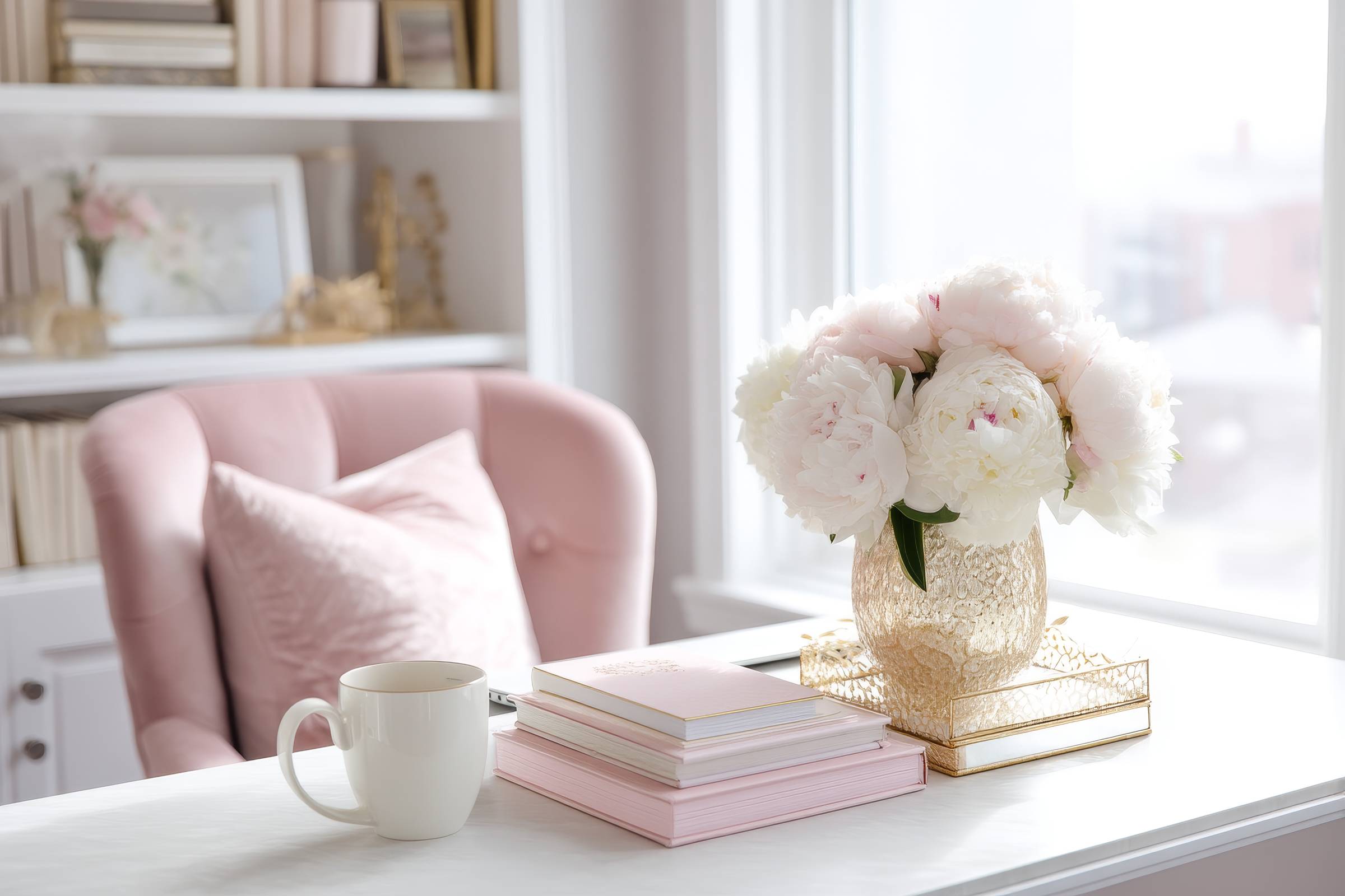 Pink and white image of modern office