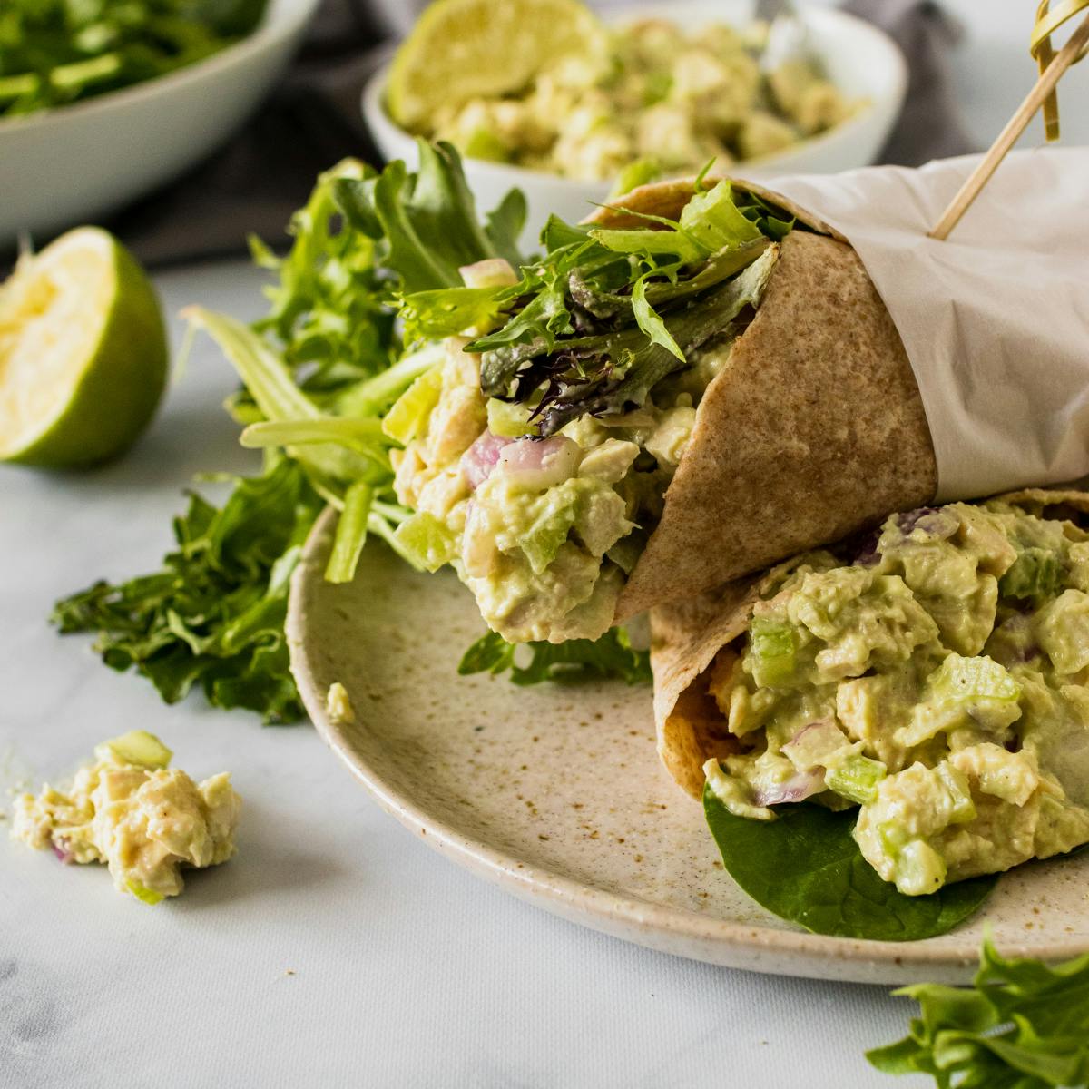 greek yogurt chicken salad in a wrap