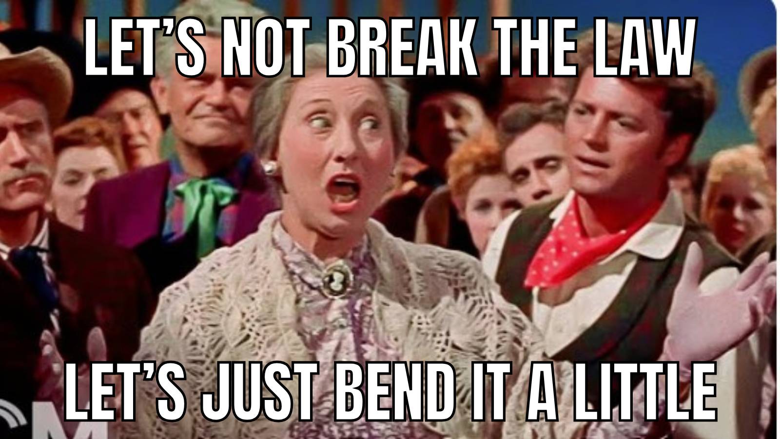 An older woman playfully proclaims to a group of eager onlookers, "Let's not break the law! Let's just bend it a little."