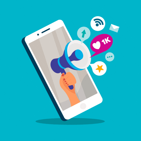 A gif of a megaphone blaring social media engagement symbols on a phone
