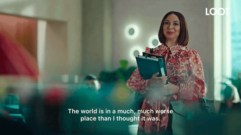 Maya Rudolph in "Loot" addresses her unseen coworkers, saying, "The world is a much, much worse place than I thought it was."