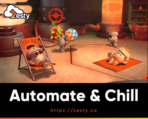A gif of tiny robots lounging and playing with the beach ball with the words "Automate and chill"