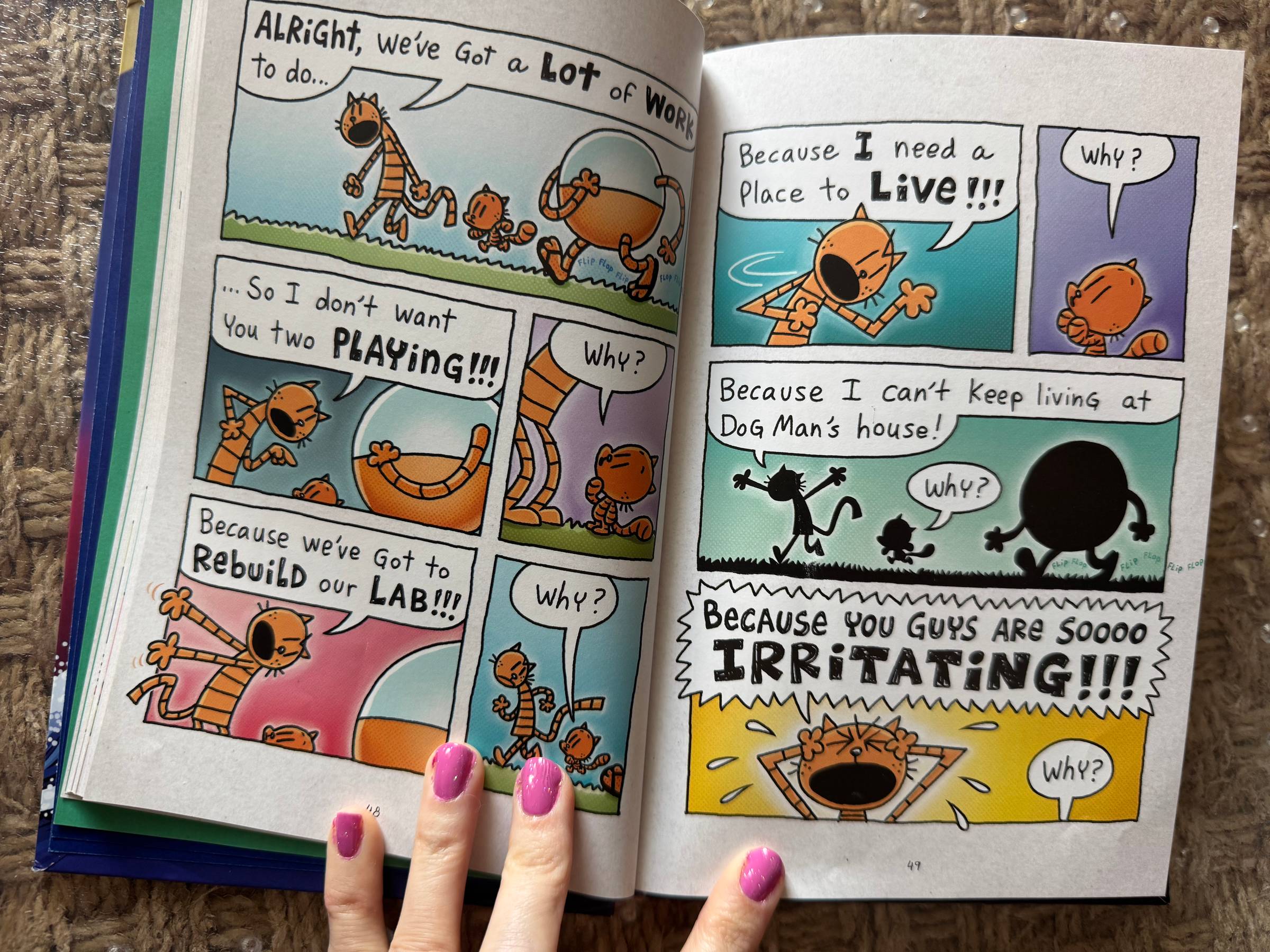 An excerpt from a Dog Man graphic novel. Petey tells Lil Petey he needs something, and Lil Petey constantly responds, "Why?" as Petey gets more an more irritated