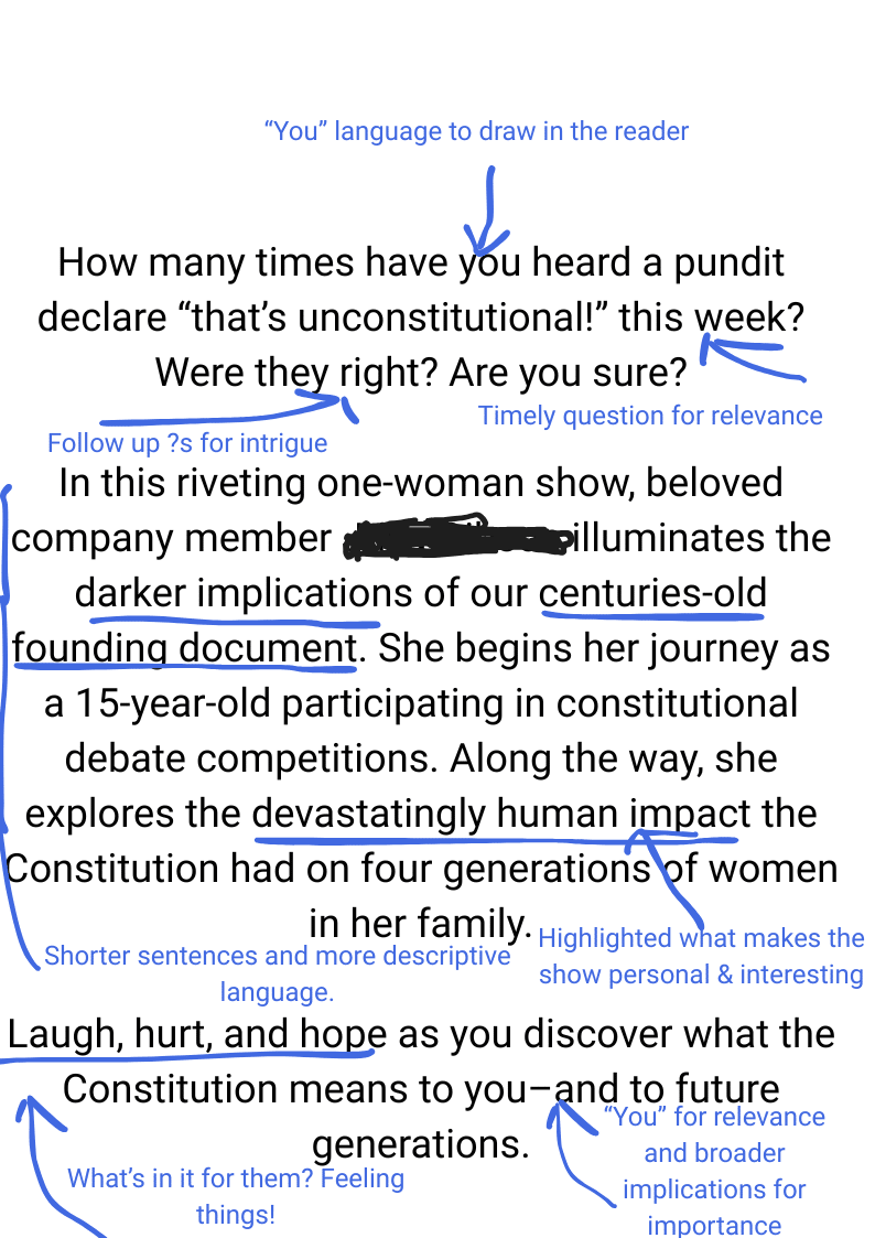 A mock-up of the rewrite with notes about the changes.