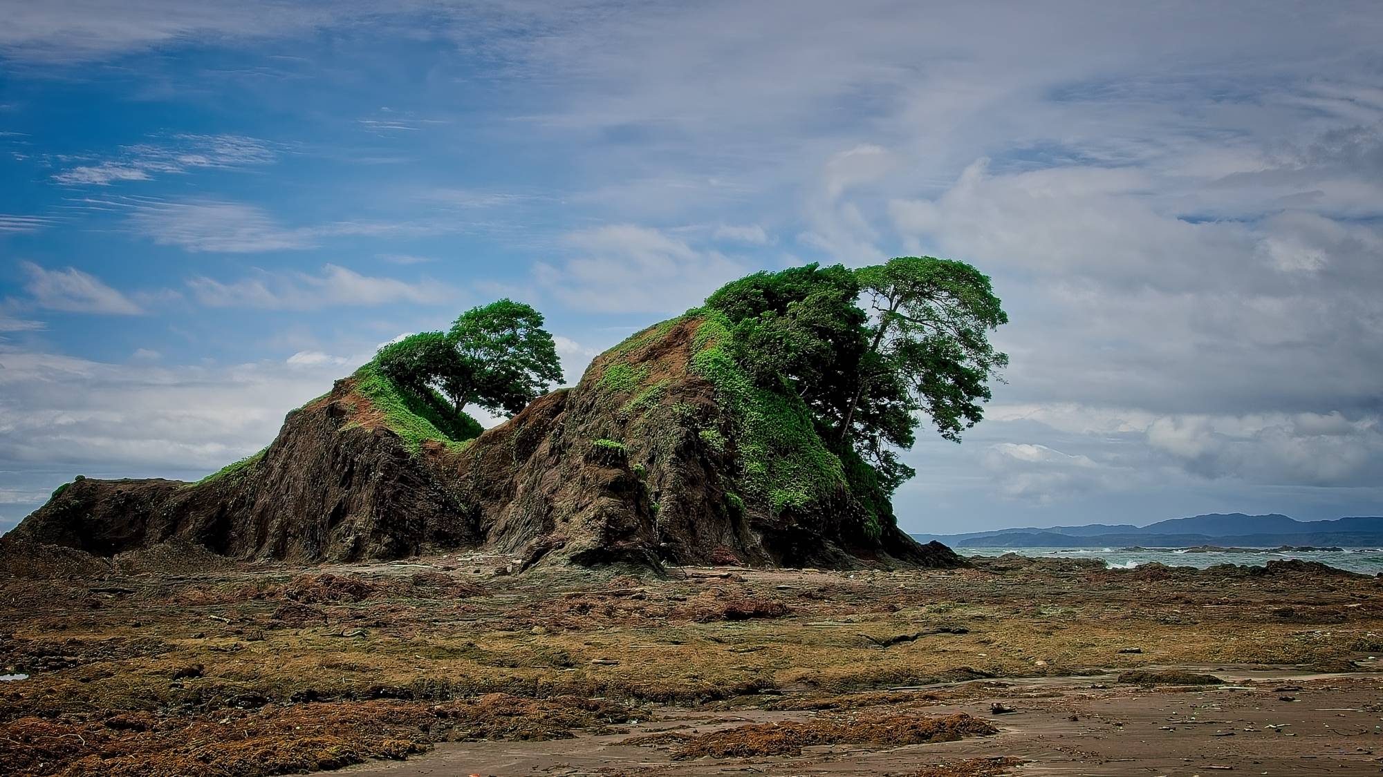 Twin hills on a small island show windswept trees growing sideways. Foreground is a rocky beach with ocean waves crashing in the background. 
