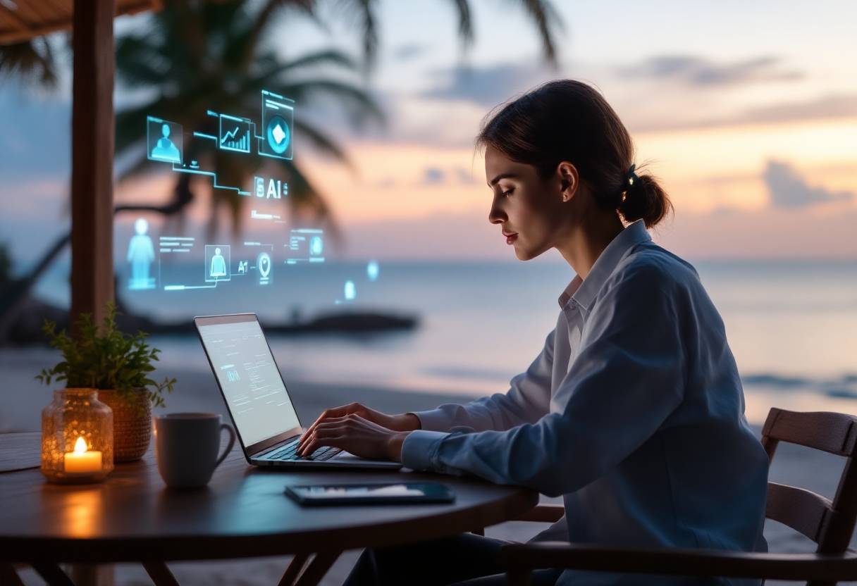 Digital nomad working at a sunset beach