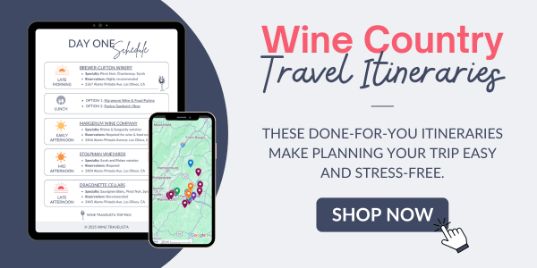 Promotional graphic for wine country travel itineraries featuring a tablet with a sample day-one schedule and a smartphone displaying a map with pinpoints. Text reads, "Wine Country Travel Itineraries – These done-for-you itineraries make planning your trip easy and stress-free." A button below says "Shop Now" with a hand cursor icon.