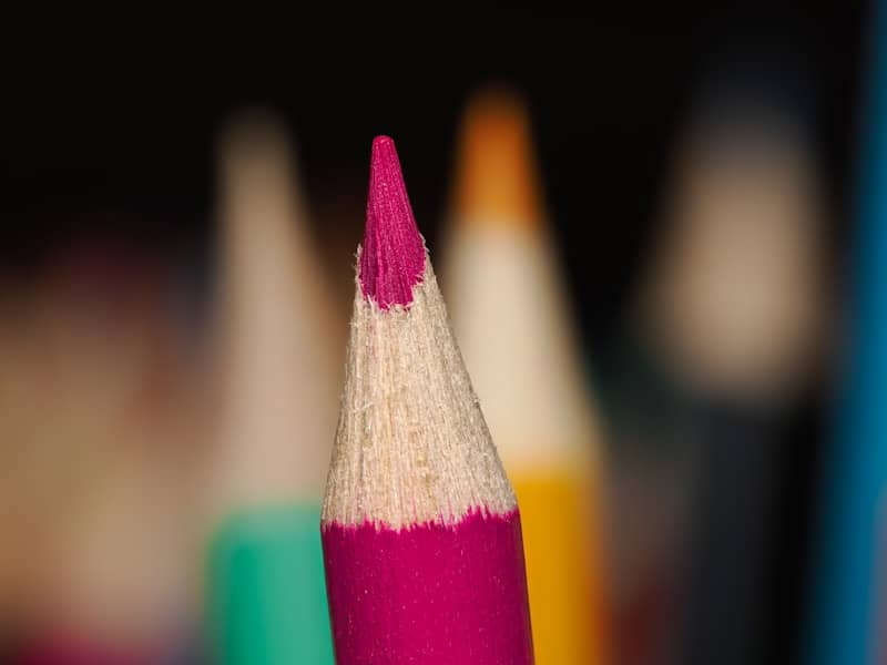 A close up of a pink pencil with other colored pencils in the background