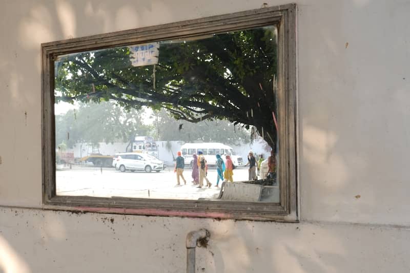 Reflection of people and vehicles in a framed mirror.