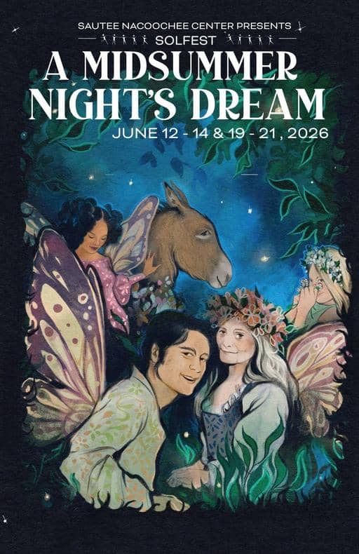 Two fairies smile  in the foreground as two fairies and a donkey frolic in the background.