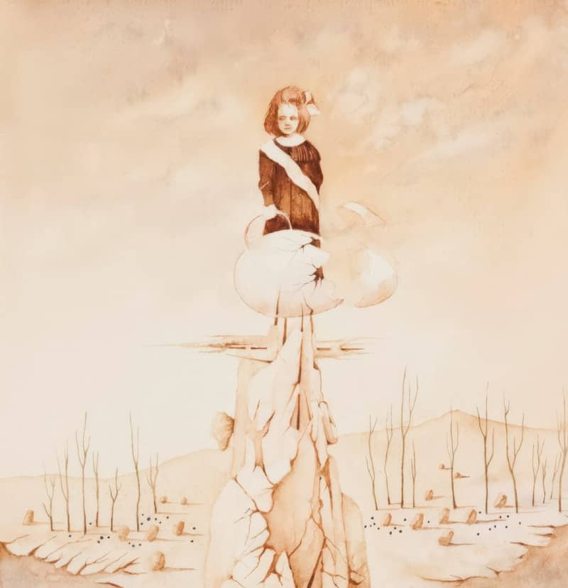 Girl stands on top of an unusual, surreal structure.