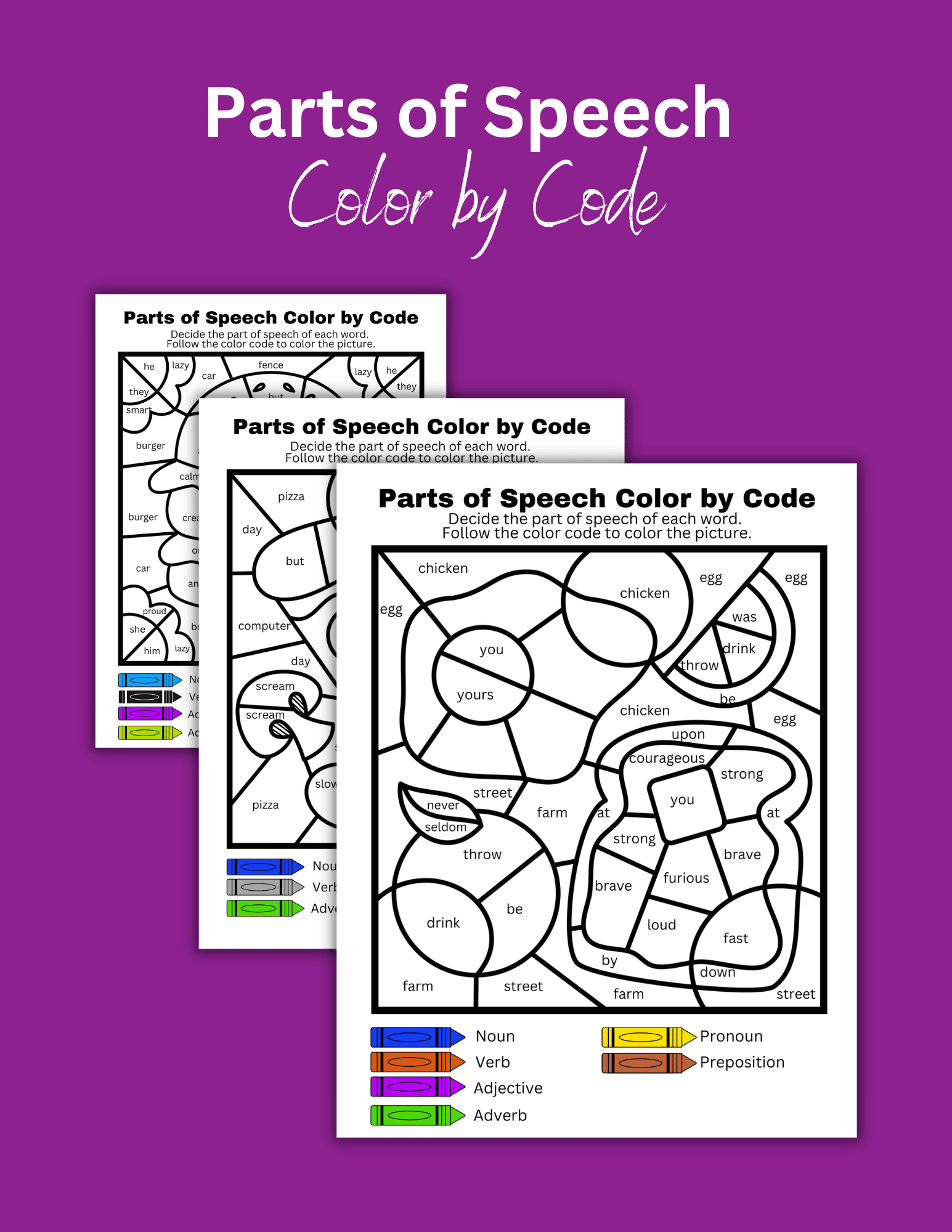 Parts of Speech ColorbyCode Worksheet Set