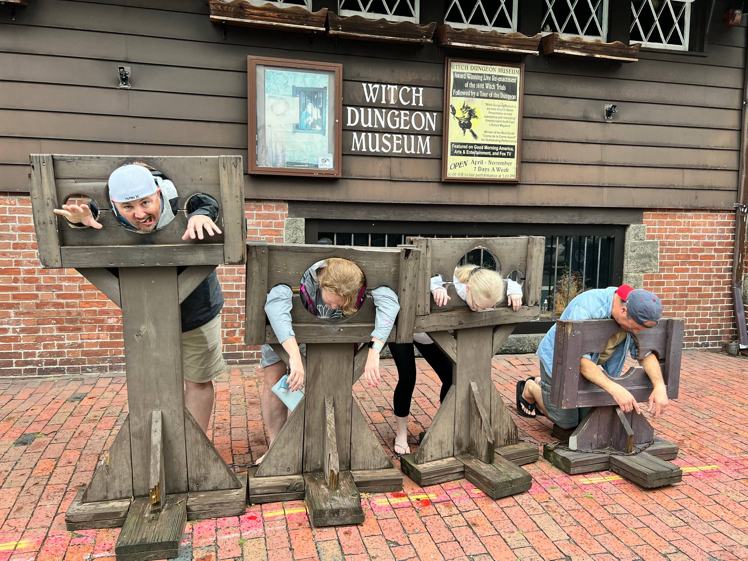 Stuck in the pillory outside the Witch Dungeon Museum in Salem, MA.
