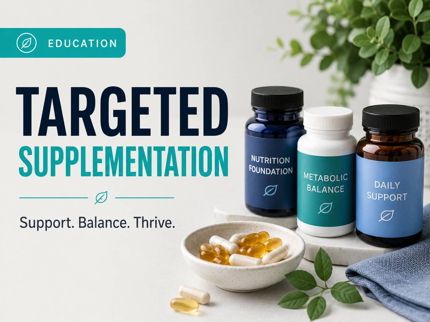 Supplement bottles and capsules beside the title “Targeted Supplementation,” highlighting strategic nutritional support for metabolic health, energy, balance, and overall wellness.
