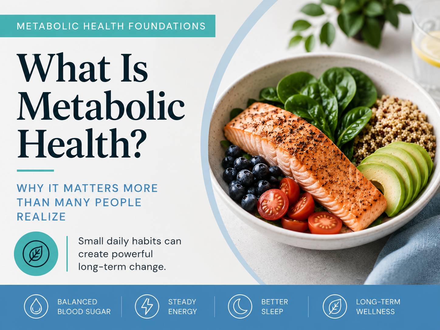 Metabolic Health Foundations thumbnail featuring a nutrient-dense meal, teal and blue branding, and educational wellness messaging.