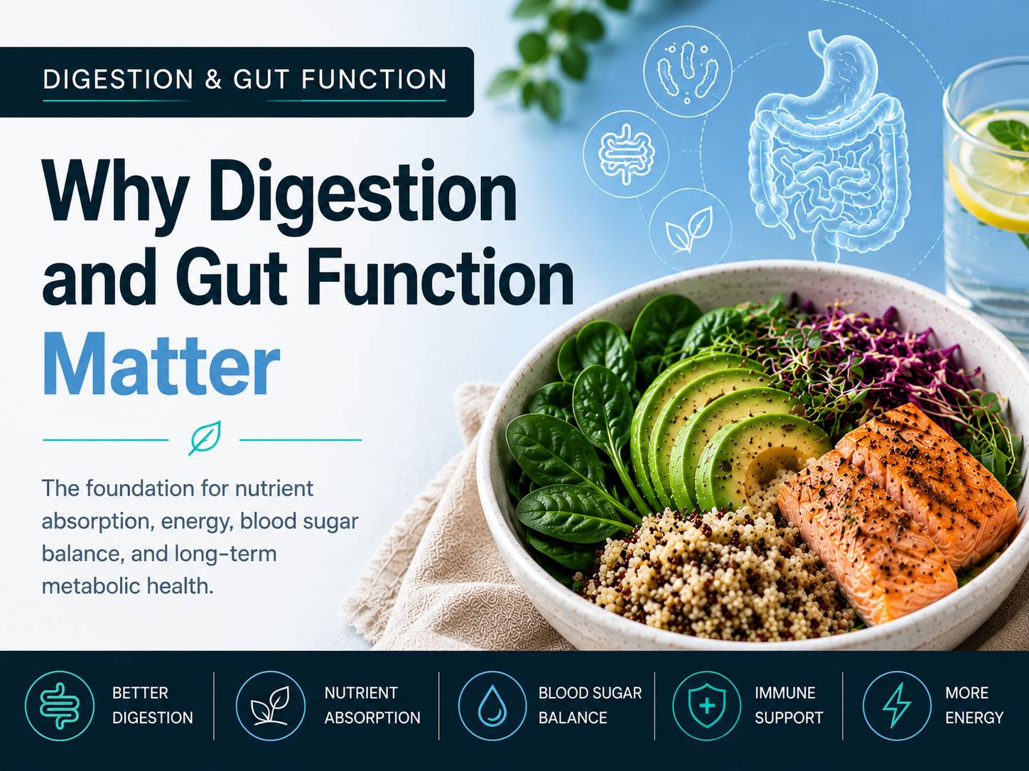Healthy bowl with salmon, avocado, greens, and quinoa beside the title “Why Digestion and Gut Function Matter,” illustrating the connection between digestion, nutrient absorption, blood sugar balance, immune support, and metabolic health.