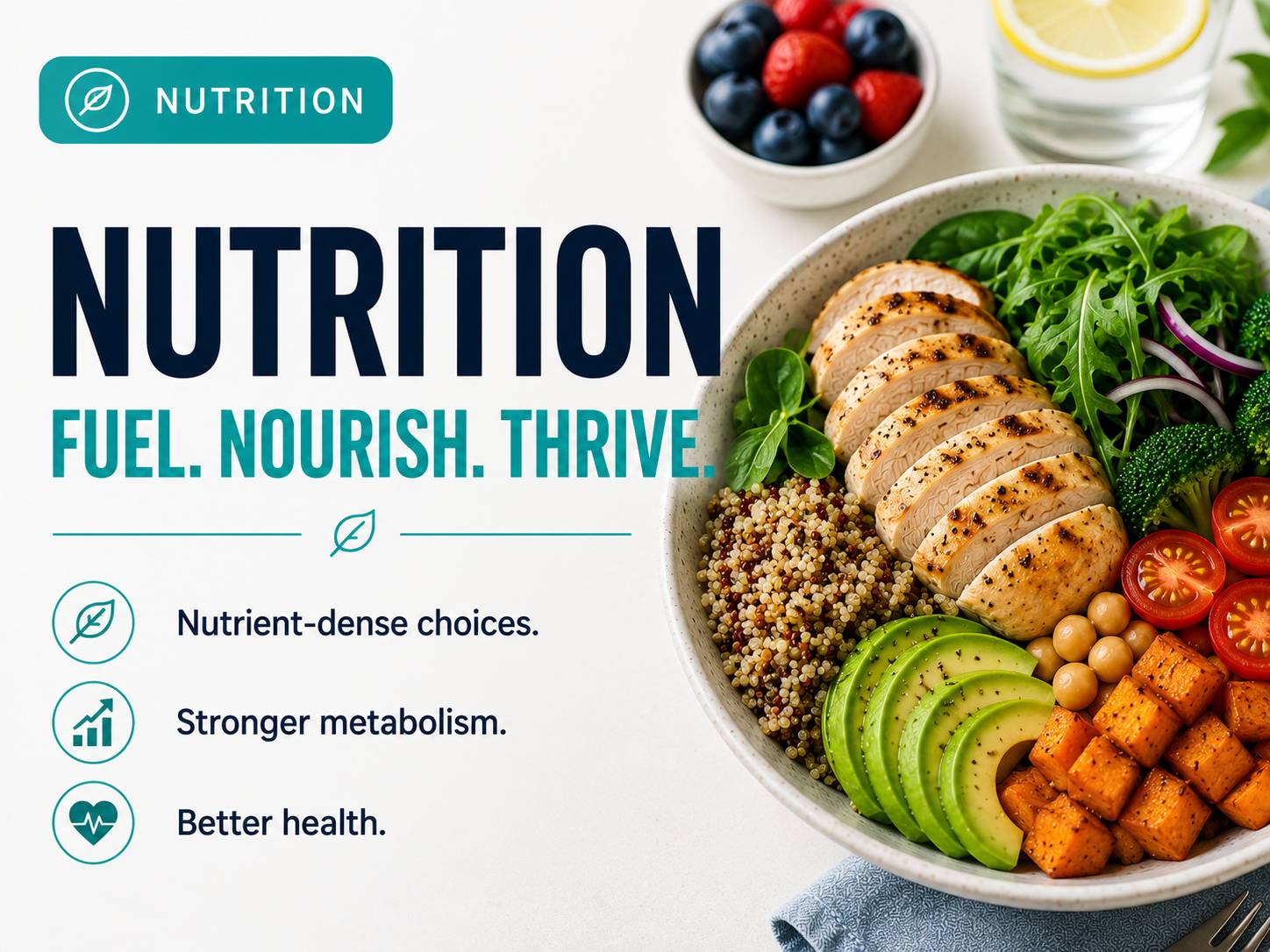 Colorful nutrient-dense meal with lean protein, vegetables, quinoa, and avocado beside the title “Nutrition,” highlighting metabolic health and whole-food nutrition.