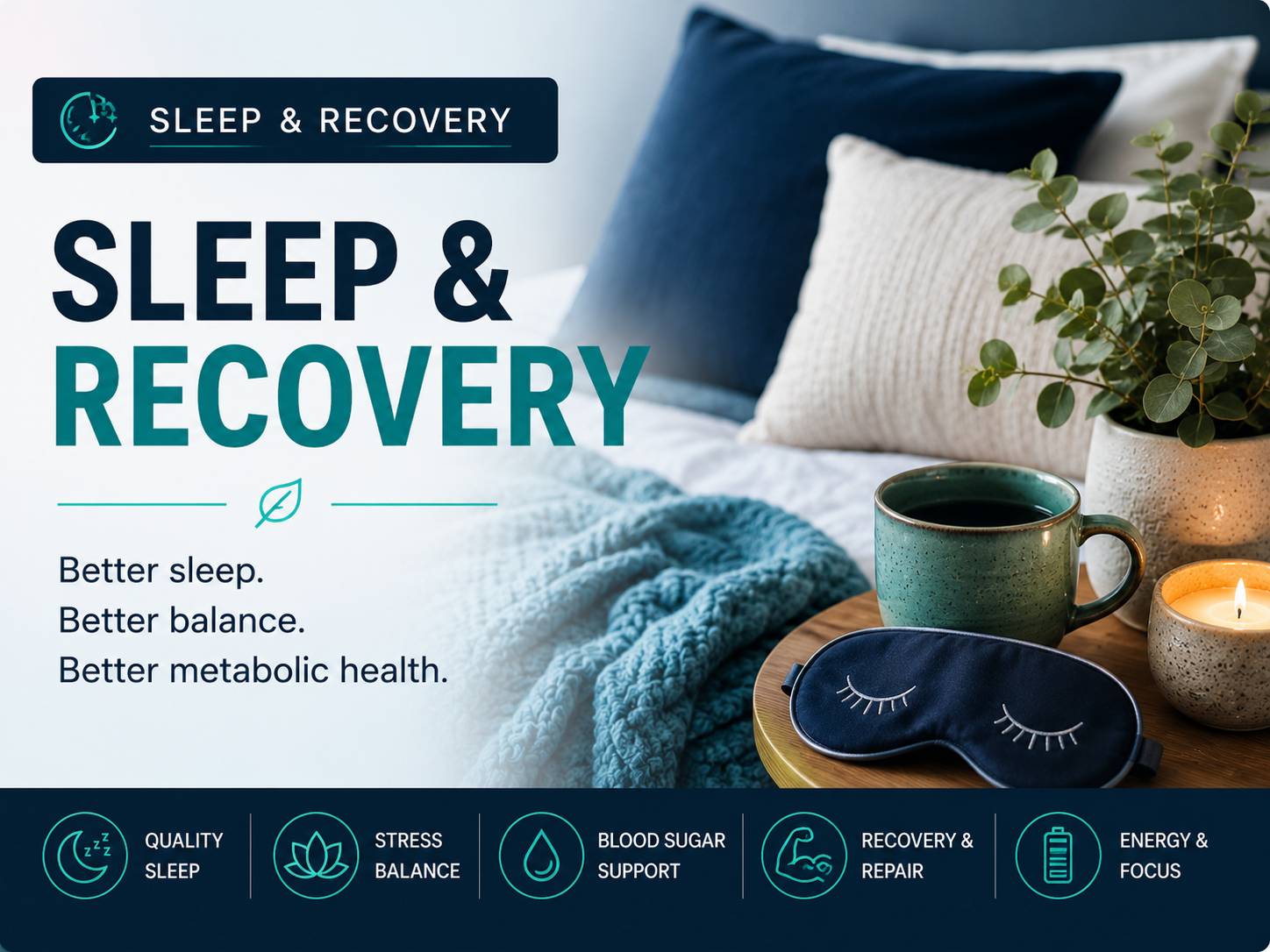 Cozy bedroom scene with teal and navy accents beside the title “Sleep & Recovery,” illustrating the connection between quality sleep, stress balance, recovery, energy, and long-term metabolic health.