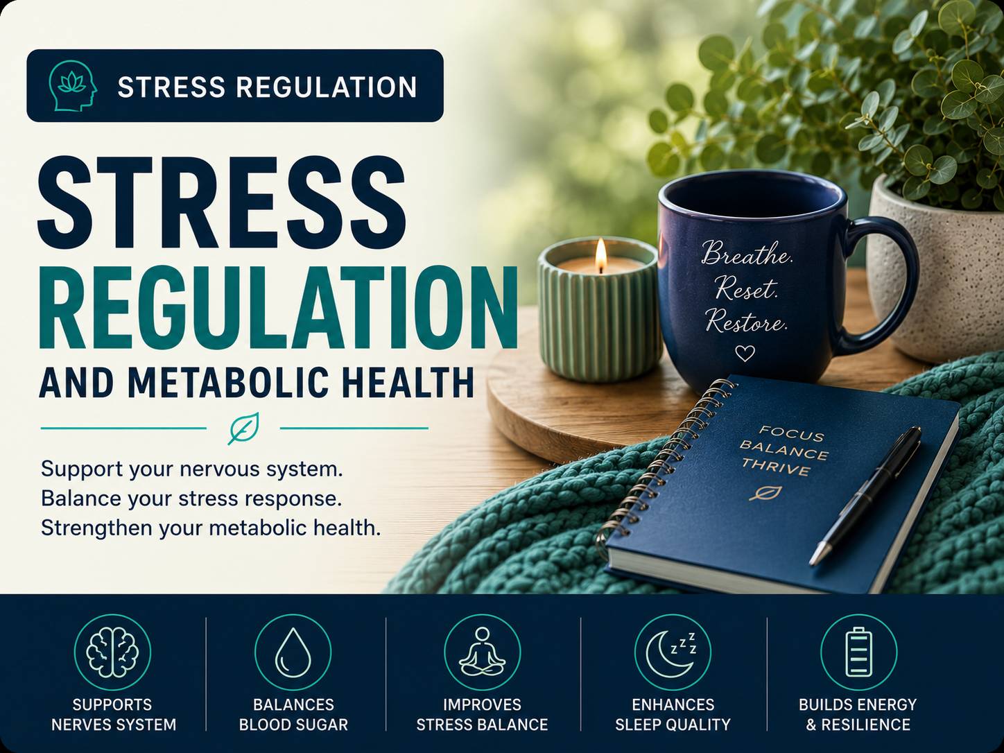 Calming wellness scene with candle, tea mug, journal, and greenery beside the title “Stress Regulation and Metabolic Health,” highlighting nervous system balance, recovery, sleep, energy, and long-term metabolic health.