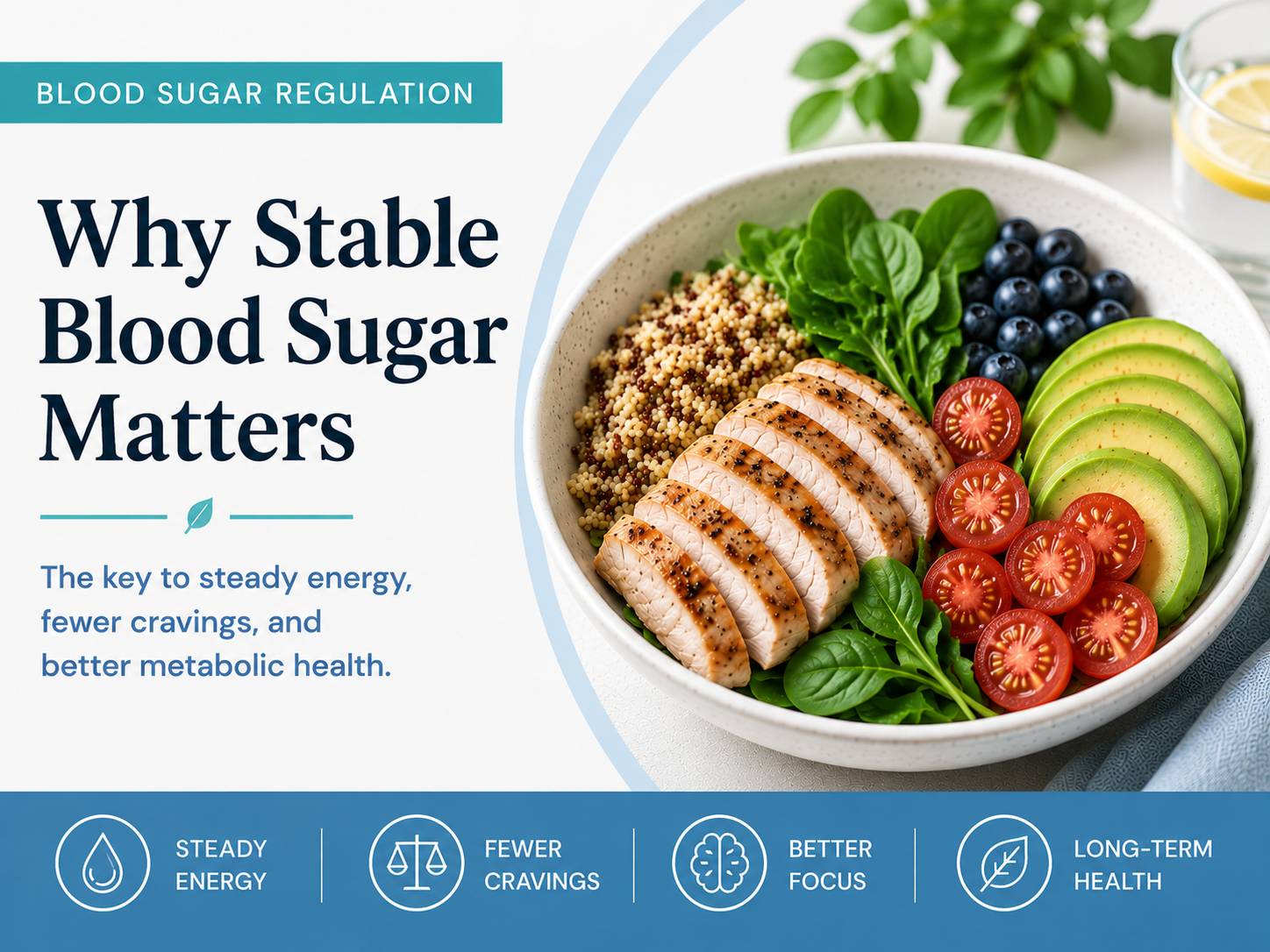 Balanced meal with lean protein, avocado, greens, and berries beside the title “Why Stable Blood Sugar Matters,” highlighting the connection between nutrition, energy, cravings, focus, and metabolic health.