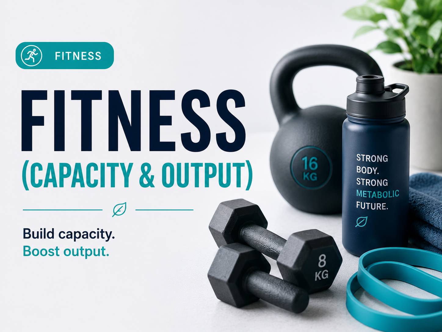 Kettlebell, dumbbells, and water bottle beside the title “Fitness (Capacity & Output),” highlighting strength, endurance, recovery, and metabolic health.