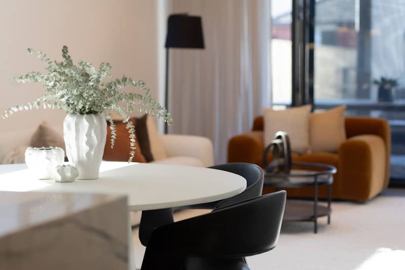 A cozy, modern living room is on display.