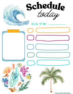 Alt text: A colorful daily schedule template with the word "Schedule today" at the top. It features a space for the date and several sections with colorful outlines for writing tasks or notes. The design includes a blue wave, tropical leaves, seashells, coral illustrations, and a palm tree, giving it a beach theme.