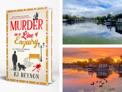 Cover of Murder as a Line of Enquiry by RJ Beynon, beside daytime and sunset photos of a marina full of houseboats.