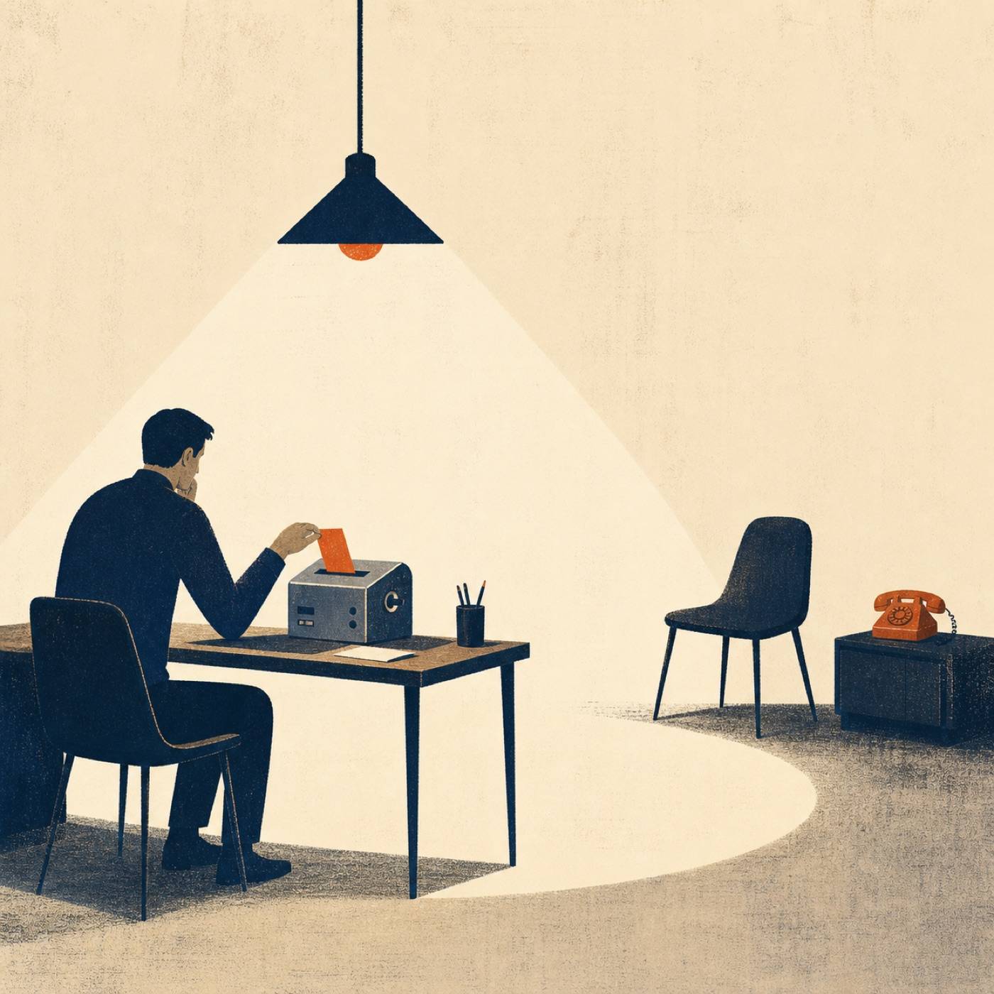 A person gives a question to a machine while an empty chair and unused telephone wait nearby.