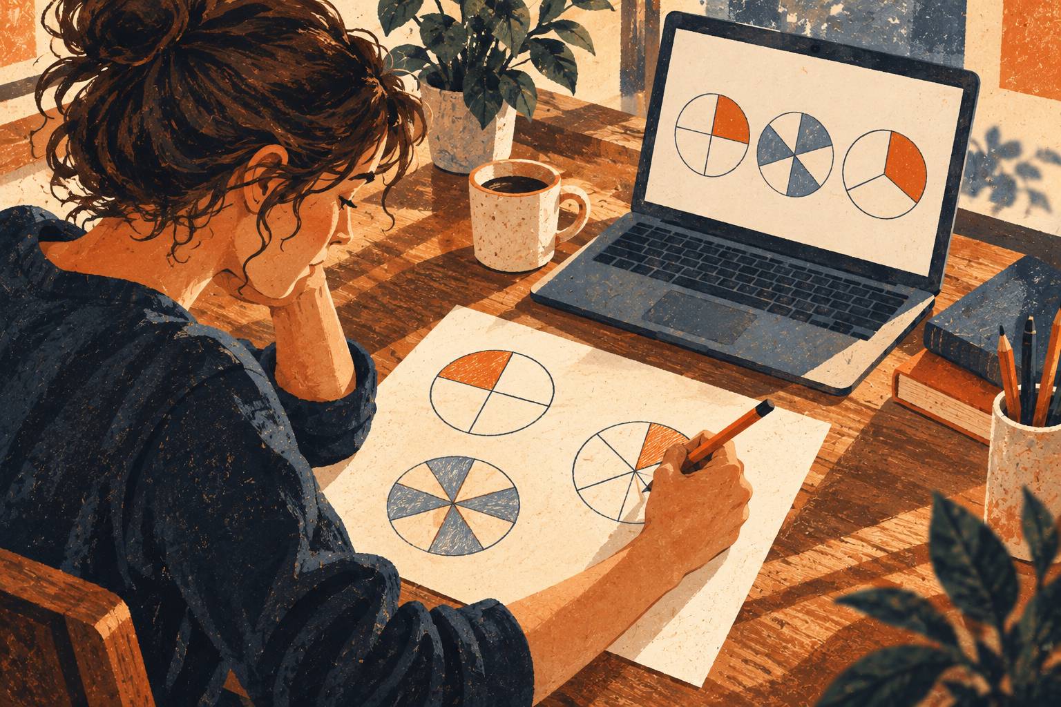 An adult learner works through a fresh fraction example on paper beside a laptop.