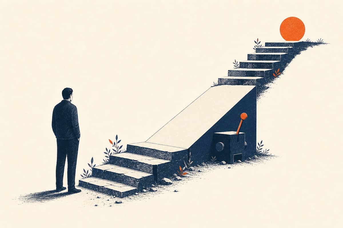 A person pauses where steps have been replaced by a smooth shortcut.